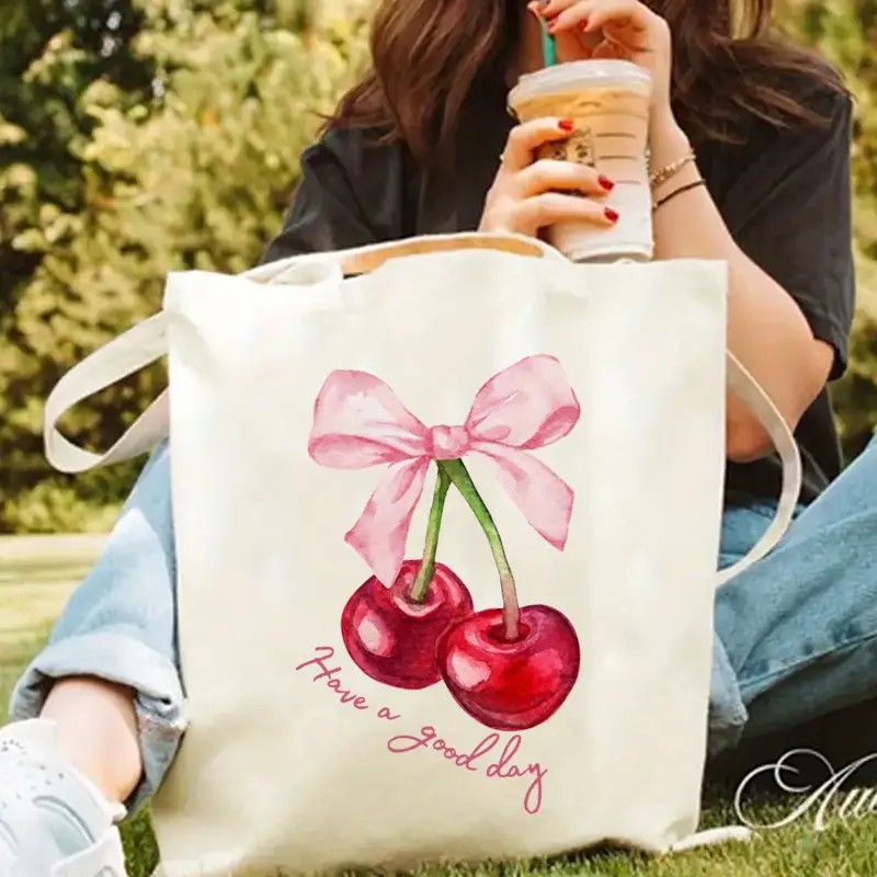 Tote Bag Canvas Print - Canvas-Tragetasche mit Kirschschschleifen-Design, lässige Mode-Handtasche für