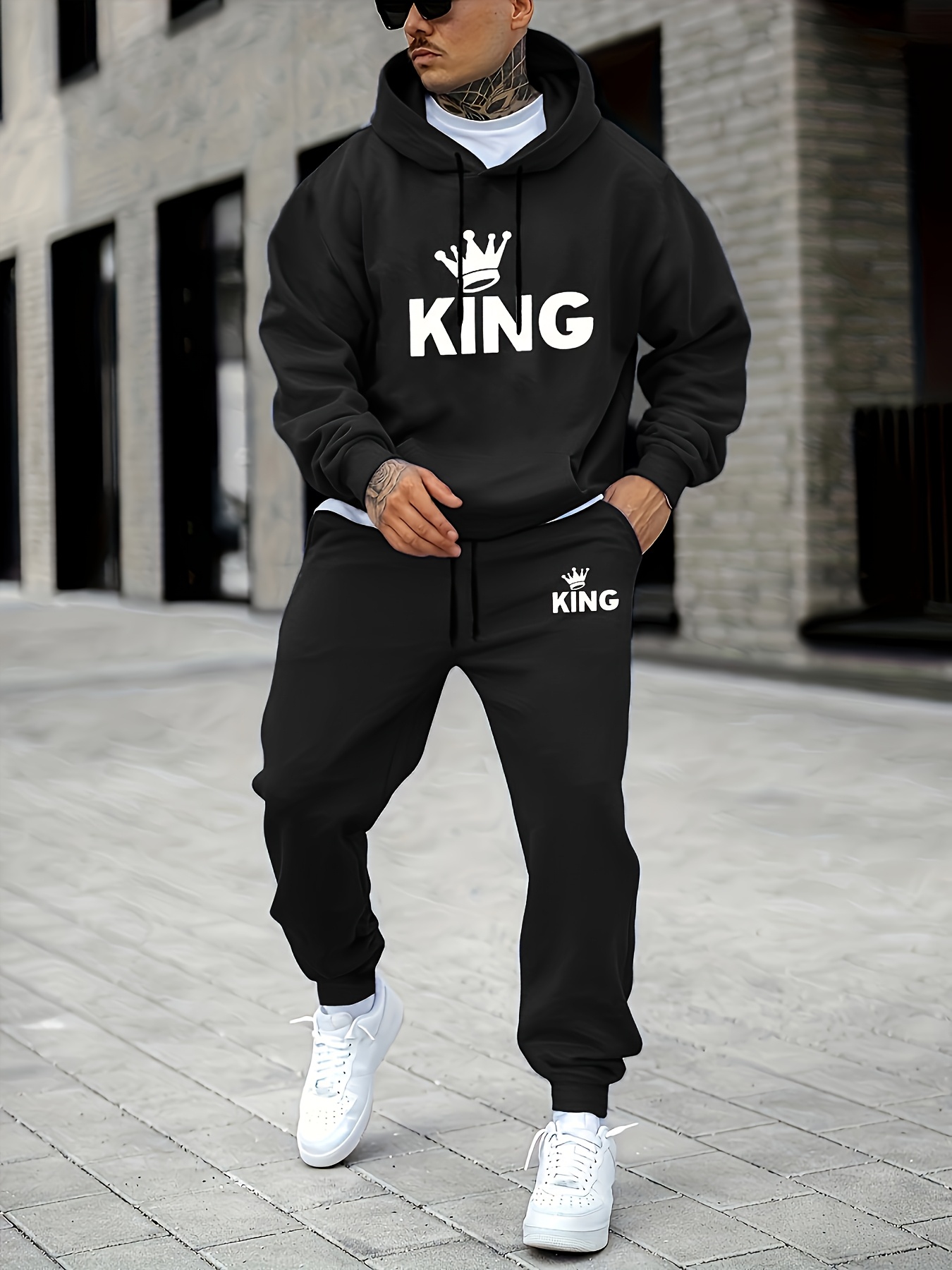 Street Fashion Outfit - Herren-Trainingsanzug mit KING-Kronen-Print, 2-teiliges Outfit, Kapuzenpullover